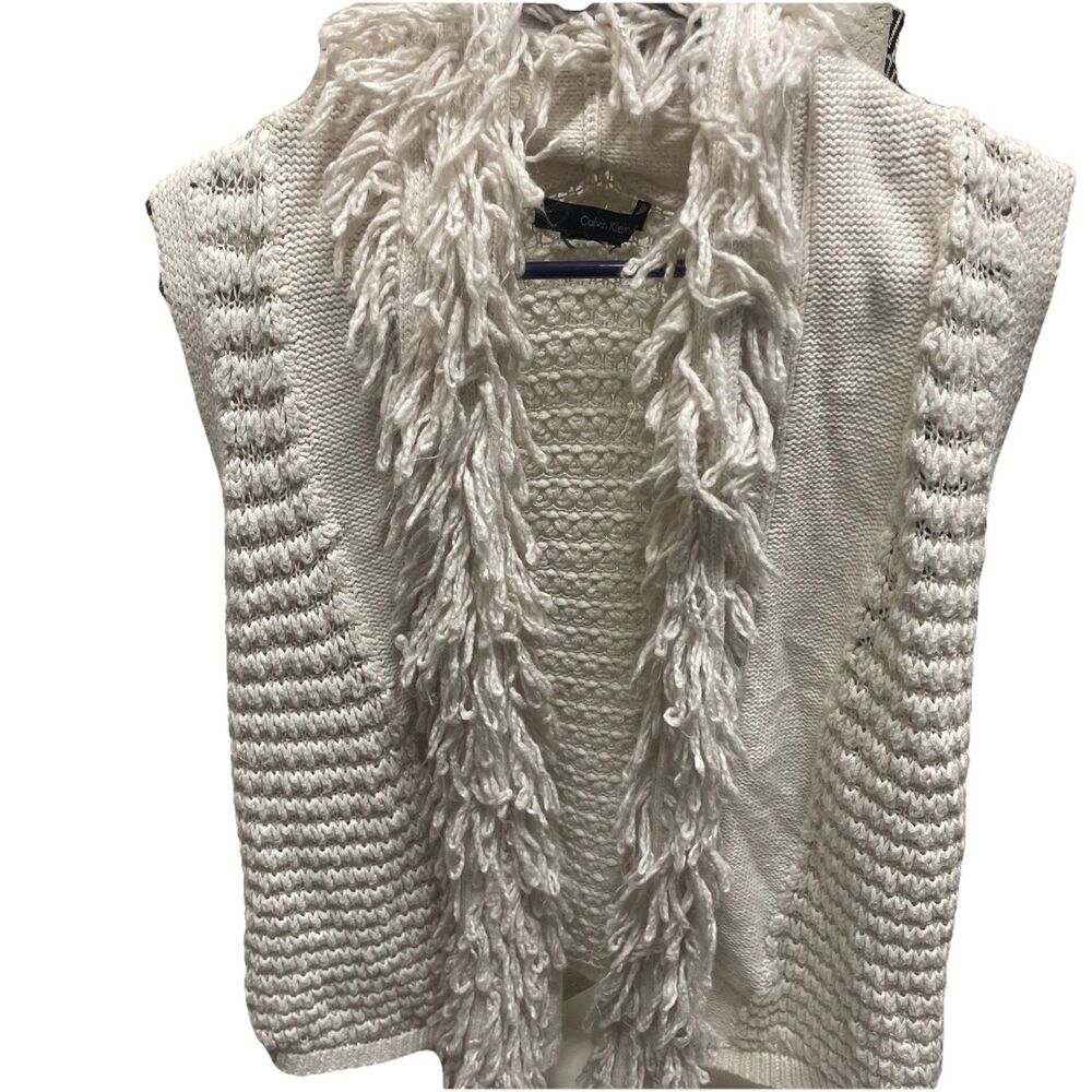 Calvin Klein Jeans Y2K BOHO Ivory Open Front FRINGE Sweater Vest Sz S Festival